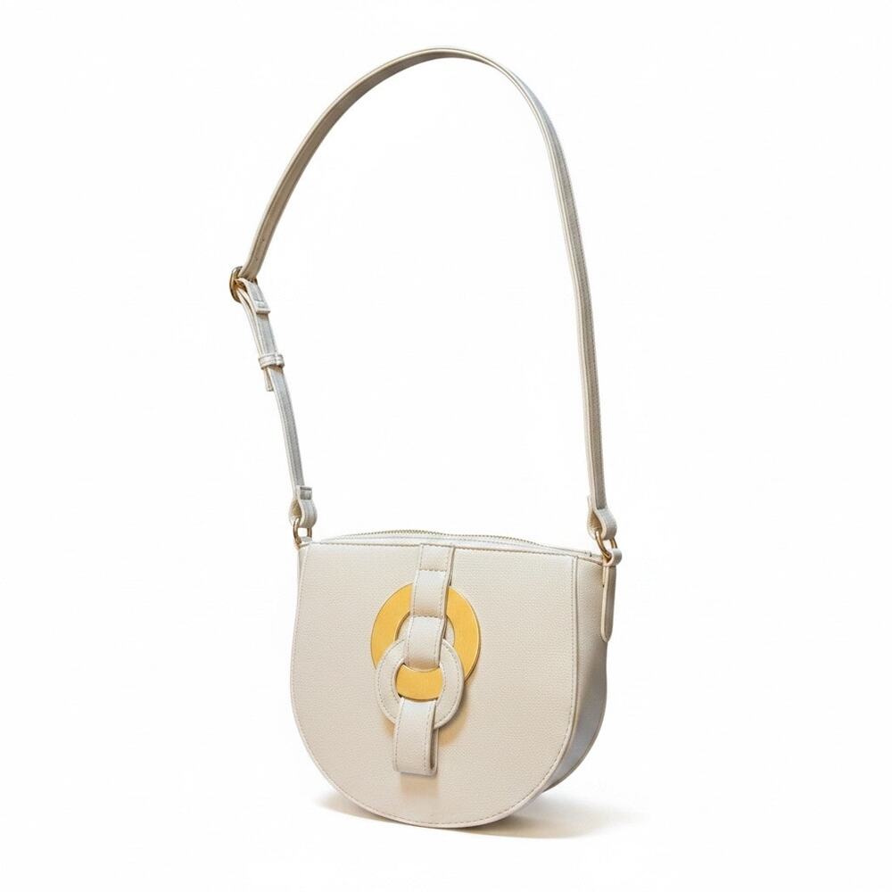 Modern White Crossbody Saddle Bag Gold Ring Accent Chic Minimalist Purse